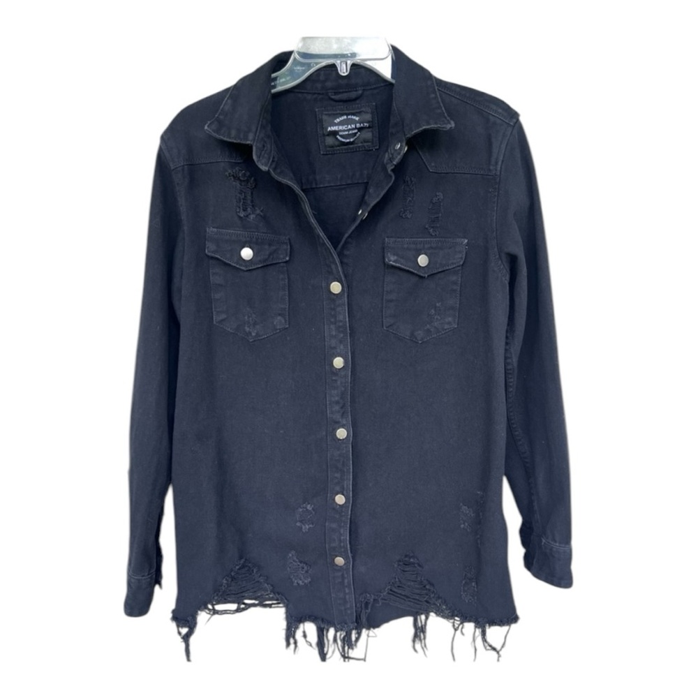 American Bazi Black Distressed Button Down Long Sleeve Frayed Hem Denim Jacket M